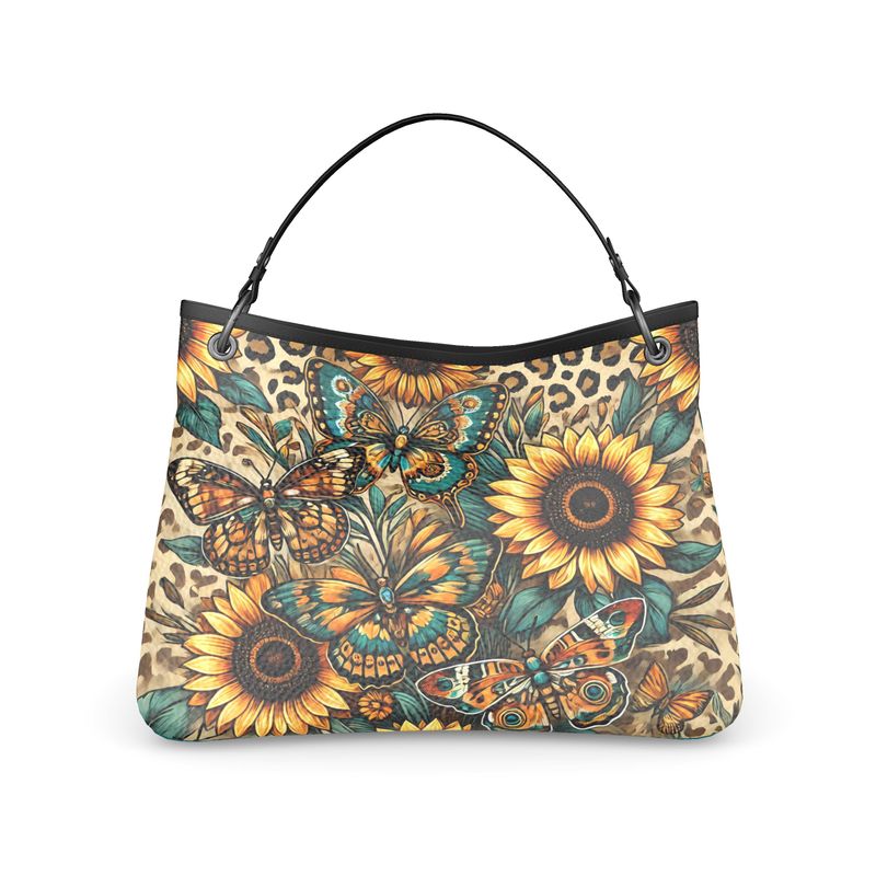 Butterflies Cheetah Print Sunflowers Full Grain Nappa Leather Handbag