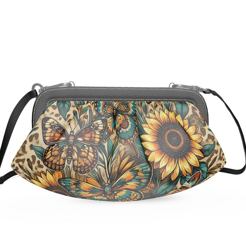 Sunflowers and Butterflies Pleated Soft Frame Bag Nappa Leather