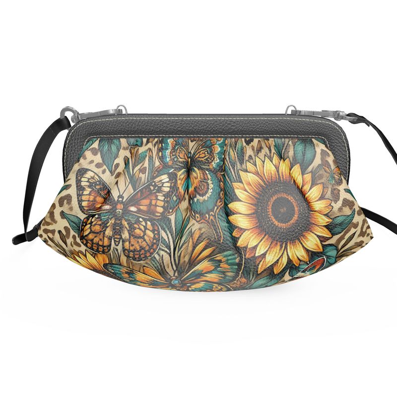 Sunflowers and Butterflies Pleated Soft Frame Bag Nappa Leather