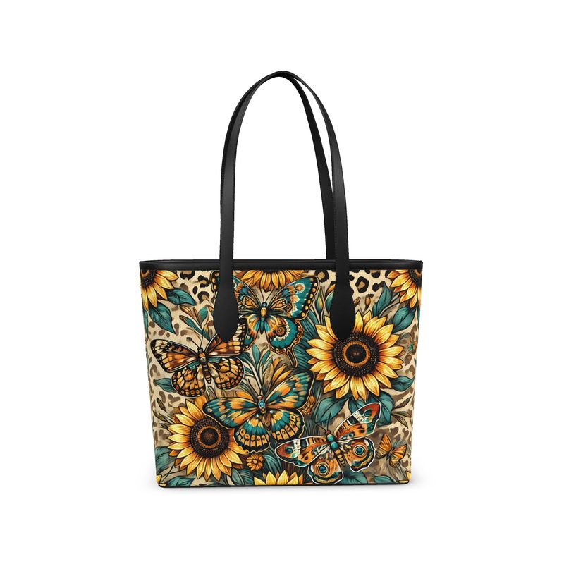 Butterflies Sunflowers Cheetah Print Full Grain Nappa Leather Tote