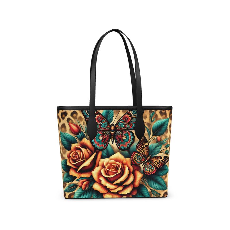 Butterflies Roses Cheetah Print Full Grain Nappa Leather Tote