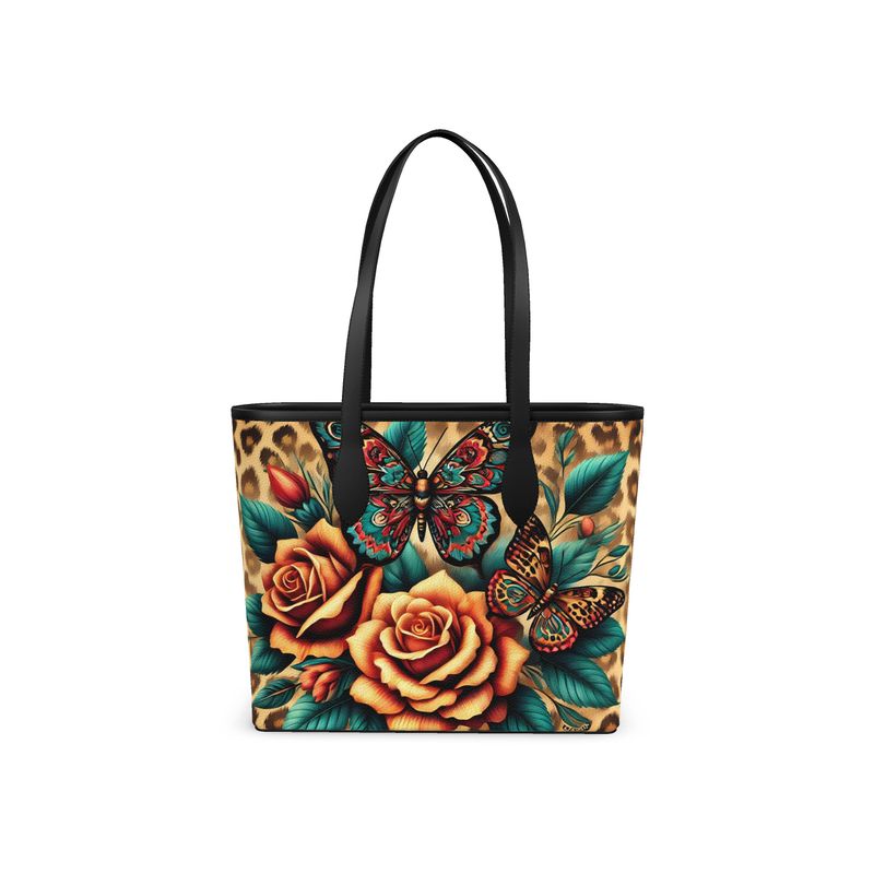 Butterflies Roses Cheetah Print Full Grain Nappa Leather Tote