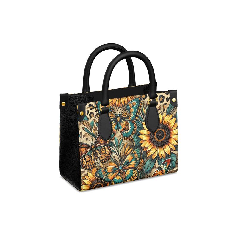 Butterflies Sunflowers Cheetah Full Grain Nappa Leather HandBag