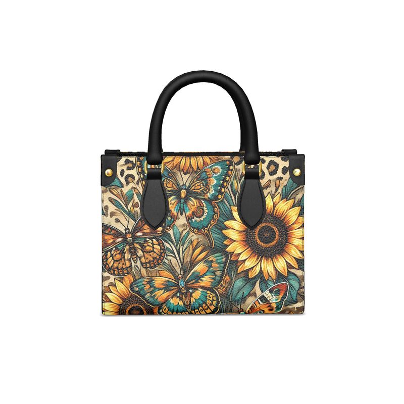 Butterflies Sunflowers Cheetah Full Grain Nappa Leather HandBag