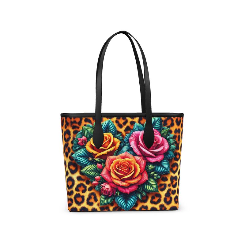 Butterflies Roses Cheetah Print Full Grain Nappa Leather Tote