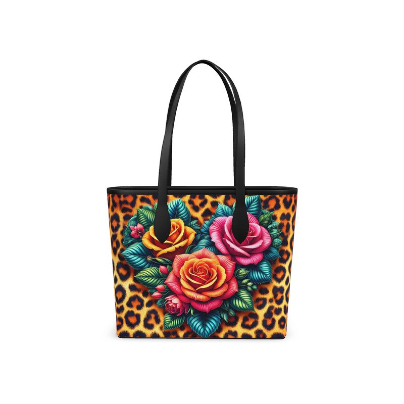 Butterflies Roses Cheetah Print Full Grain Nappa Leather Tote