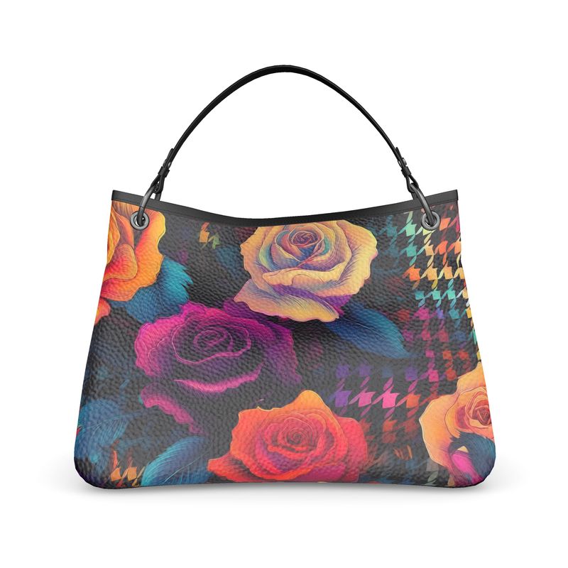 Colorful Roses and Houndstooth Slouch Bag