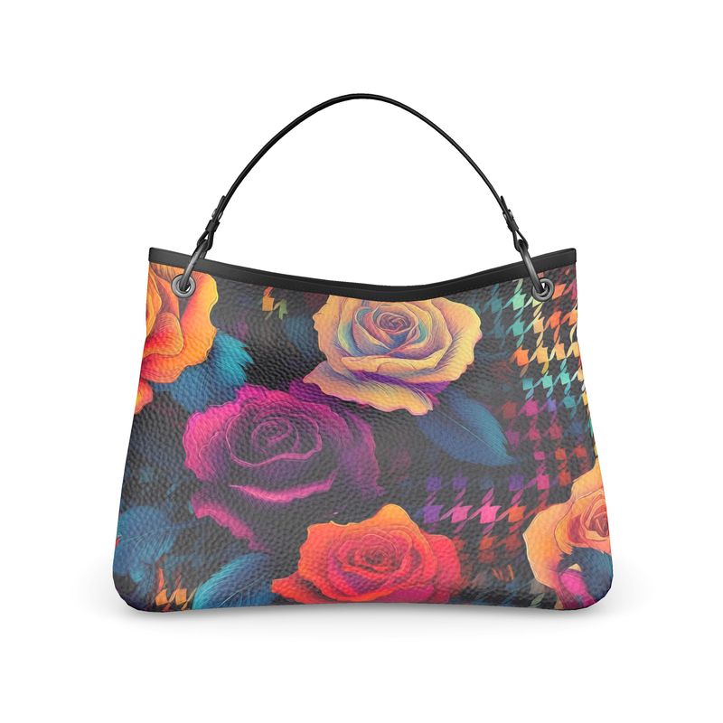 Colorful Roses and Houndstooth Slouch Bag