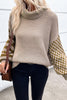 Smoke Gray Striped Plaid Patchwork Waffle Knit Turtleneck Sweater