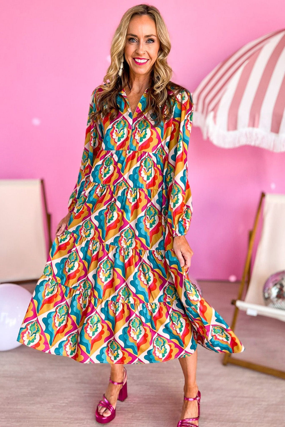 Multicolor Abstract Geometric Print Notch Neck Tiered Boho Dress