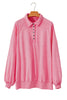 Pink Solid Snap Buttons Collared Balloon Sleeve Oversized Sweatshirt