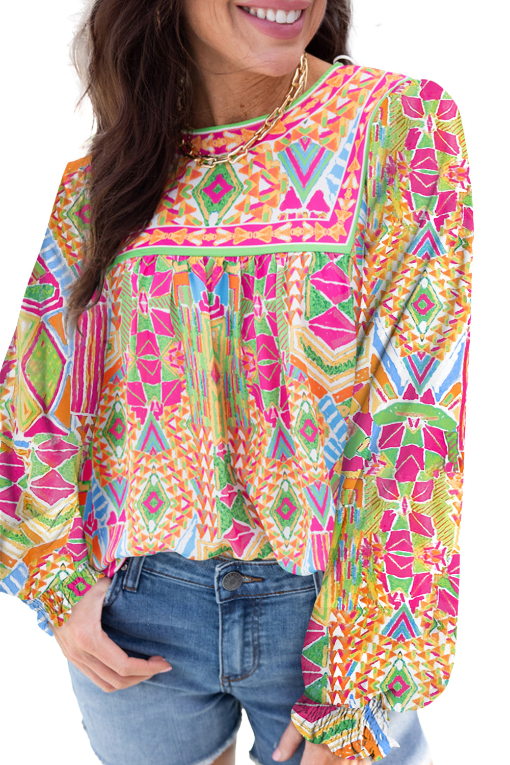 Orange Geometric Print Long Sleeve Keyhole Back Blouse