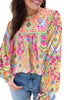 Orange Geometric Print Long Sleeve Keyhole Back Blouse