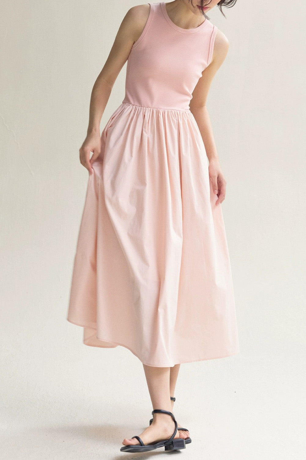 Light Pink Solid Color Knitted Patchwork Sleeveless Midi Dress