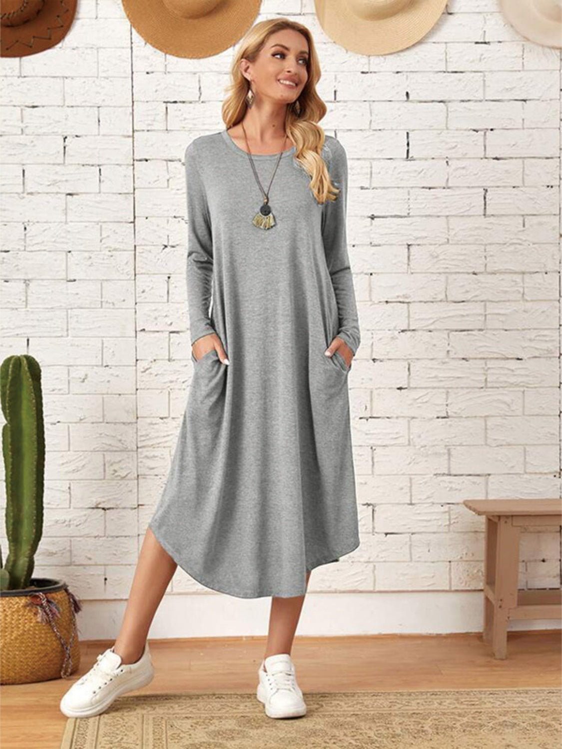 Pocketed Round Neck Long Sleeve Tee Dress