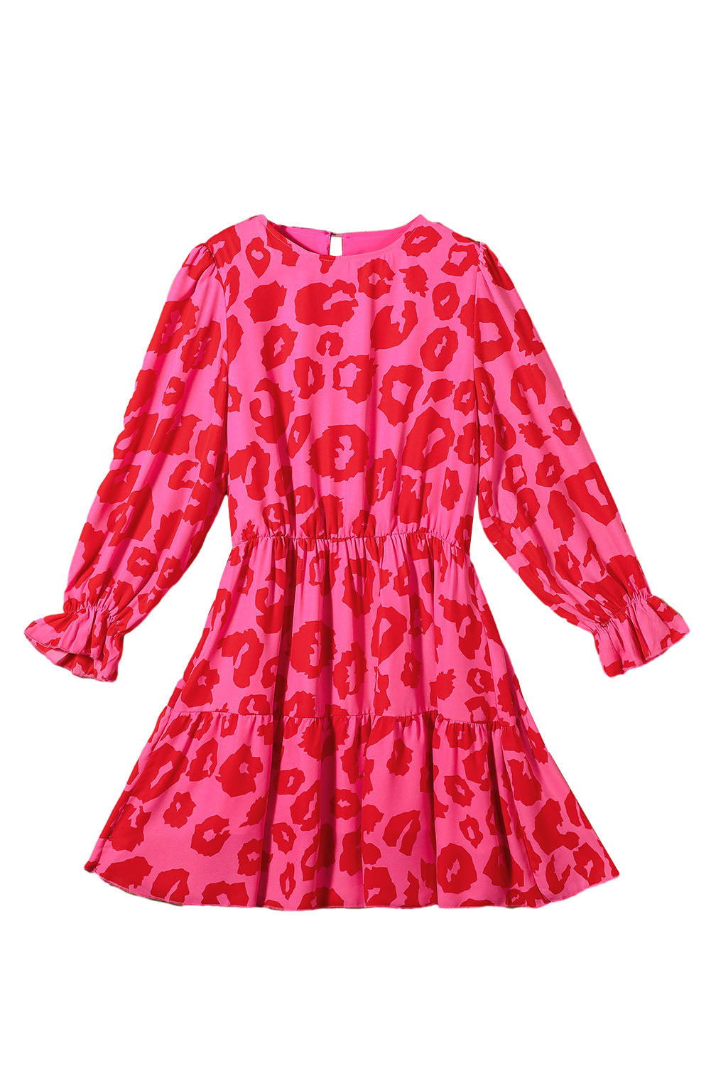 Rose Leopard Print Flounce Sleeve Ruffle Tunic