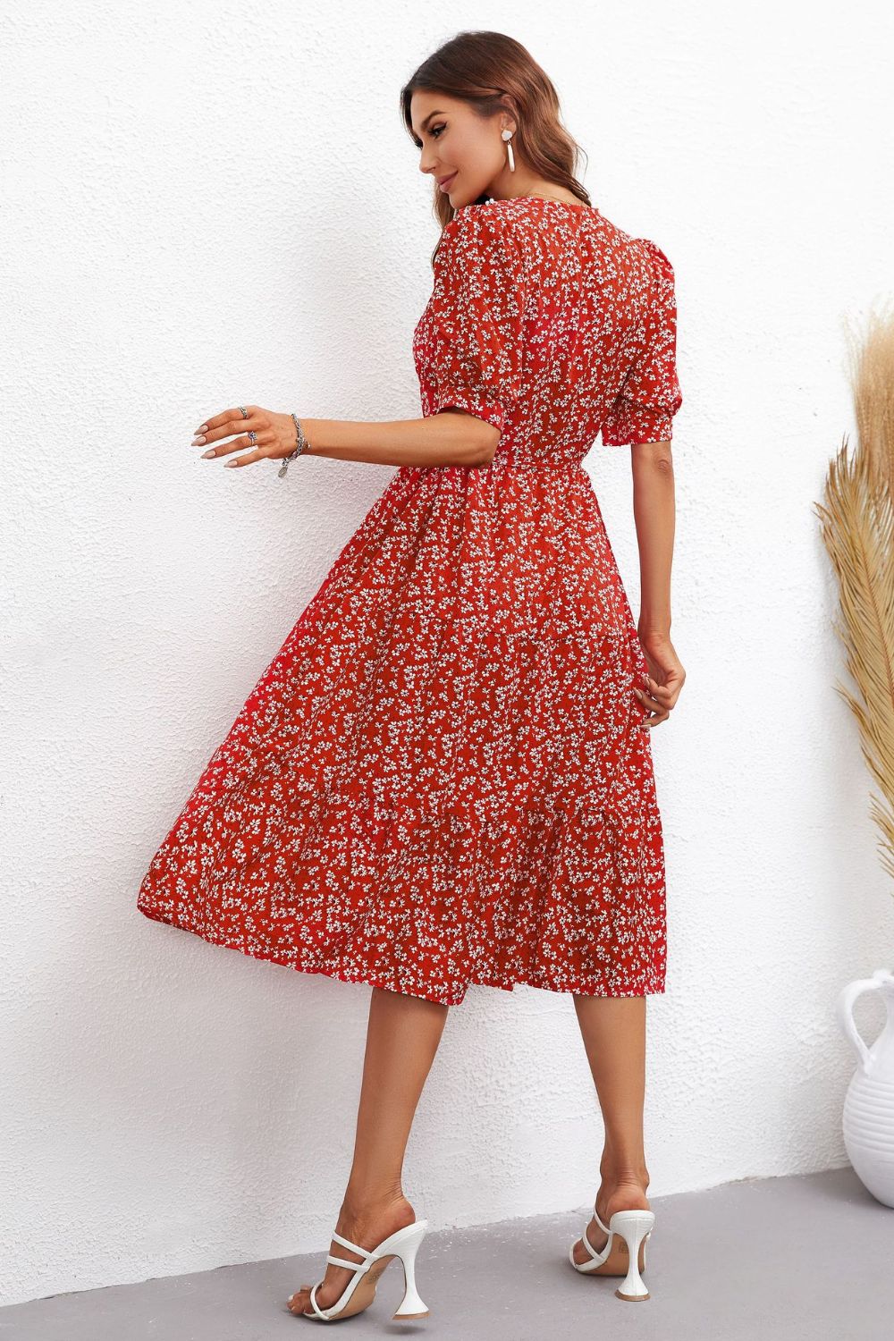 Honey Floral Tie Waist Collared Neck Tiered Dress