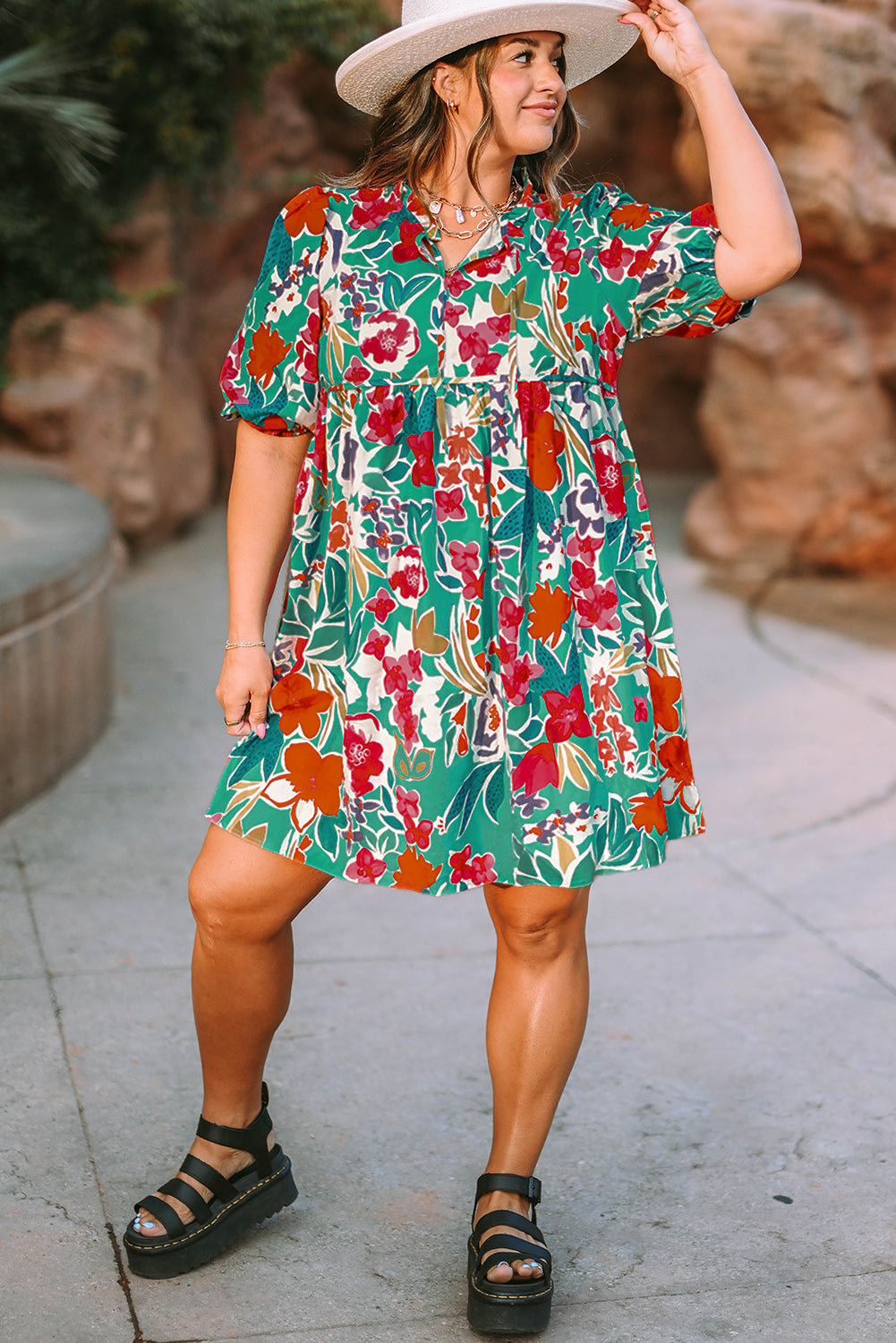 Sky Blue Plus Size Floral Print Puff Sleeve Tie Neck Tunic