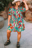 Sky Blue Plus Size Floral Print Puff Sleeve Tie Neck Tunic