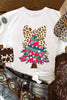 White Leopard Bow Décor Christmas Tree Graphic Crew Neck Tee