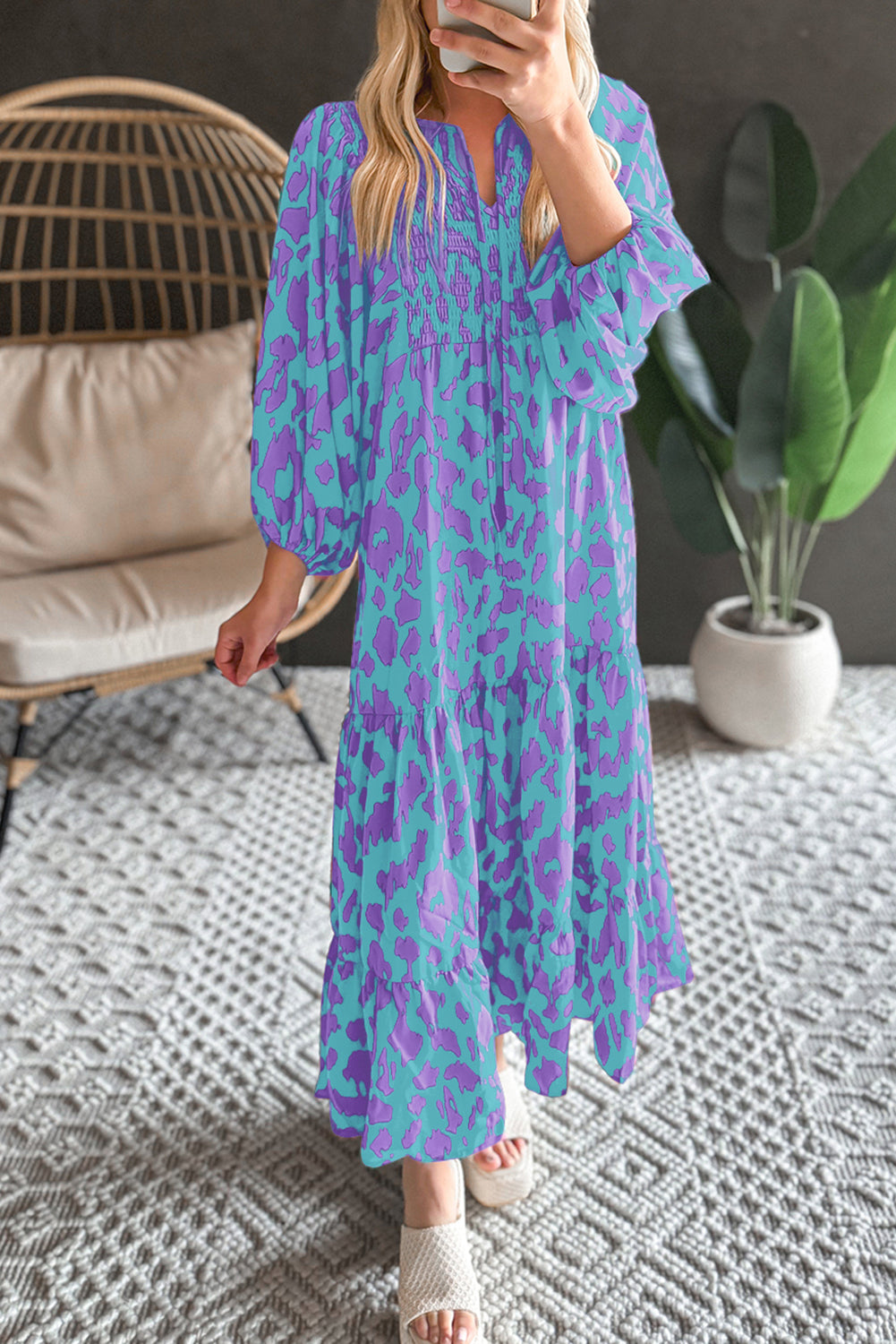 Sky Blue Abstract Print Puff Sleeve Smocked V Neck Maxi Dress