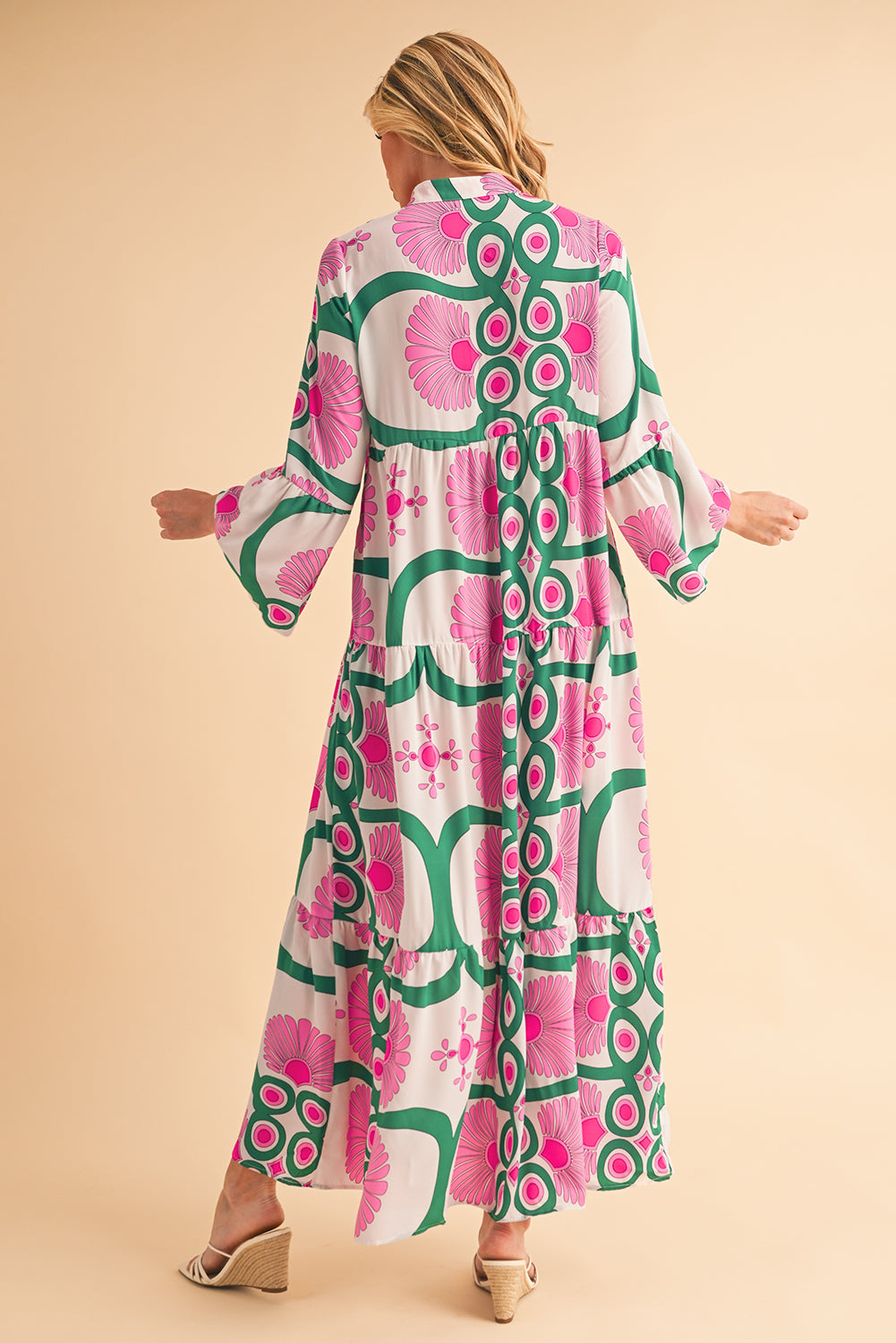 Pink Boho Abstract Button V Neck Oversized Maxi Dress