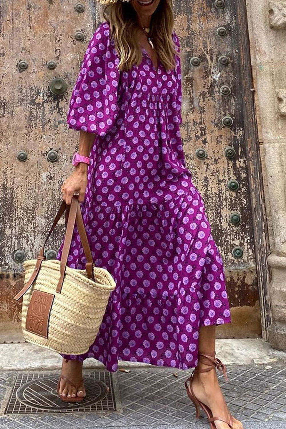 Purple Boho Printed Puff Sleeve Maxi Dress