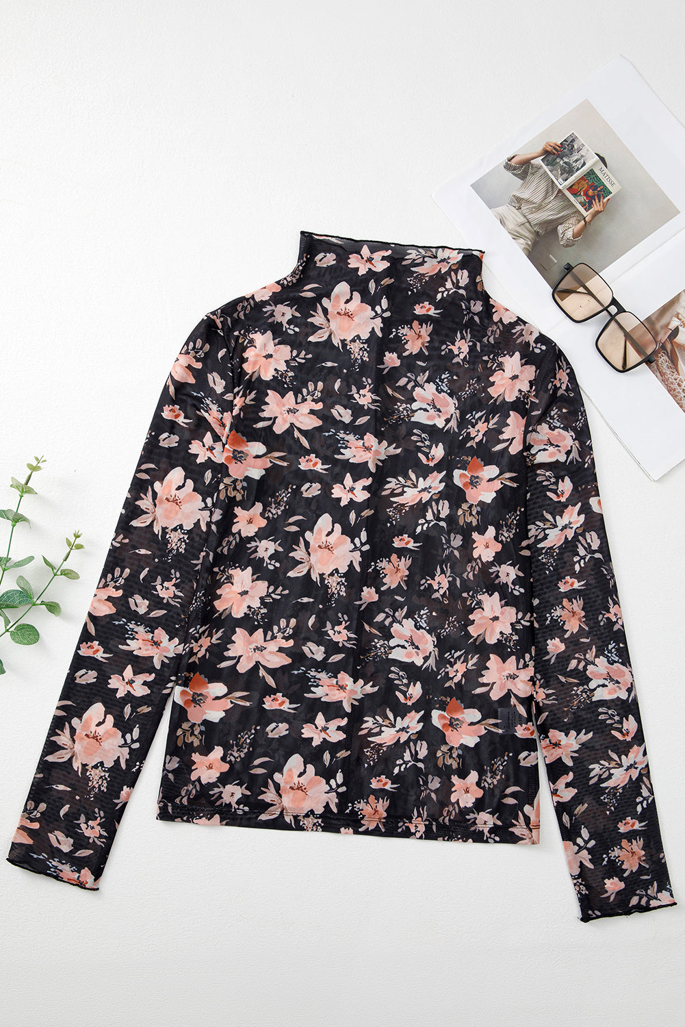 Black Floral Mesh Mock Neck Long Sleeve Slim Fit Top