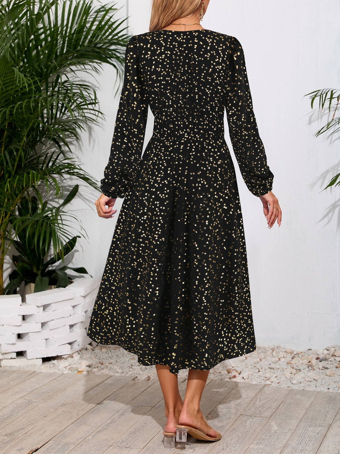 Printed Surplice Long Sleeve Midi Dress