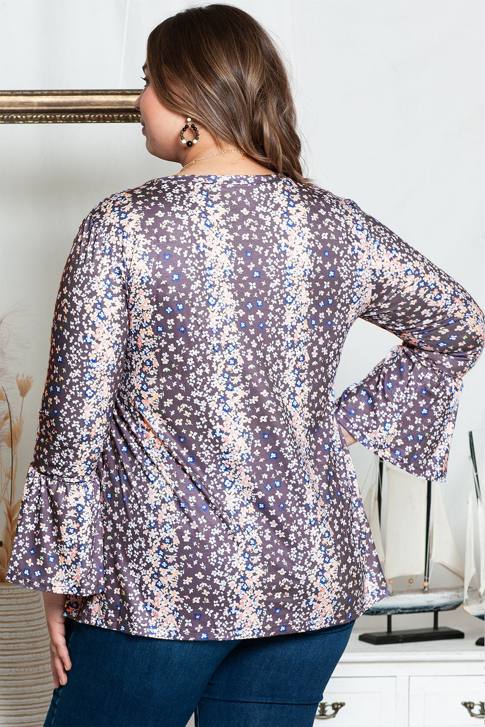 Purple Floral Print Round Neck Plus Size Tunic