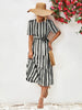 Striped Tie Belt Round Neck Puff Sleeve Dress