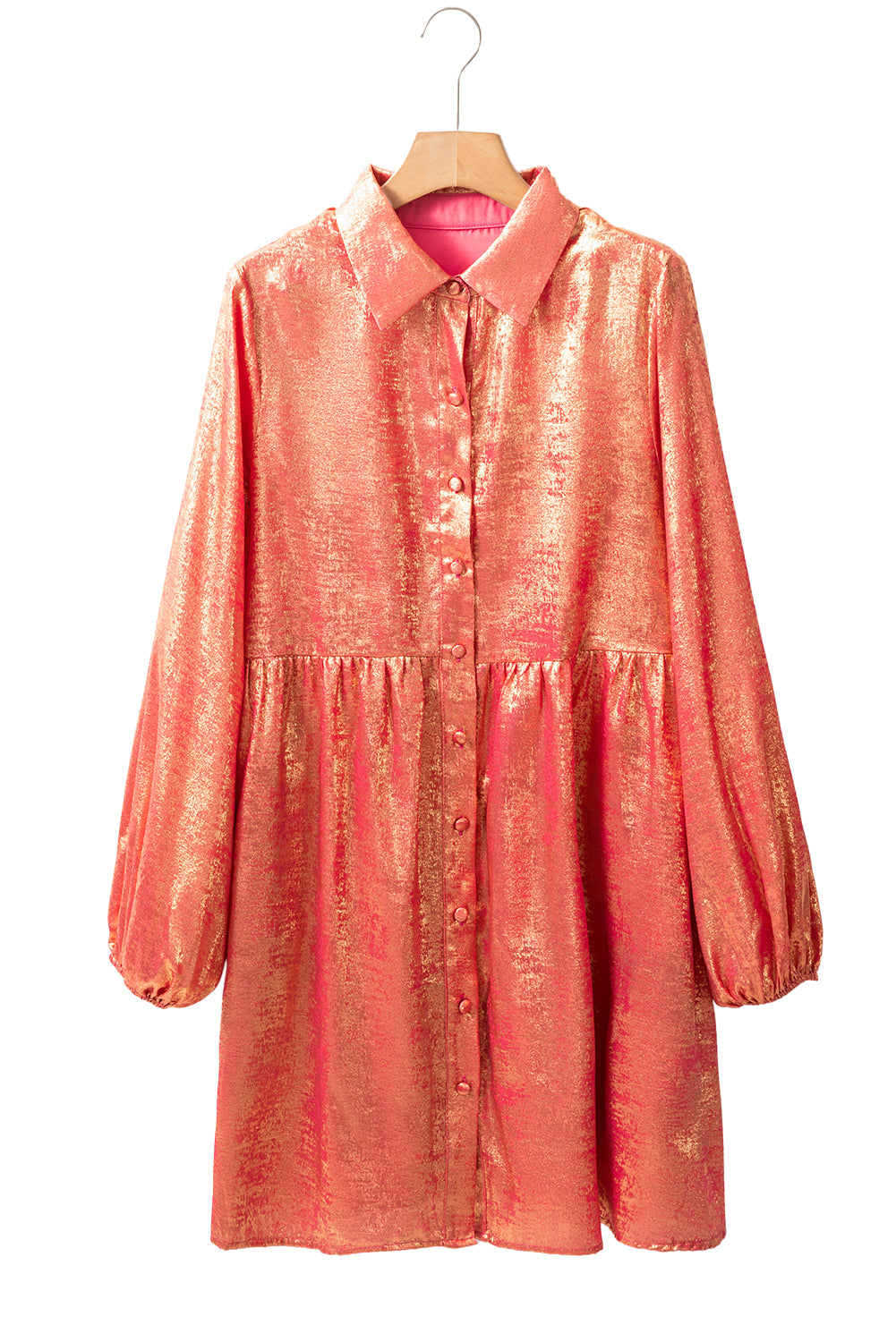 Peach Blossom Metallic Sheen Puff Sleeve Button Up Mini Shirt Dress