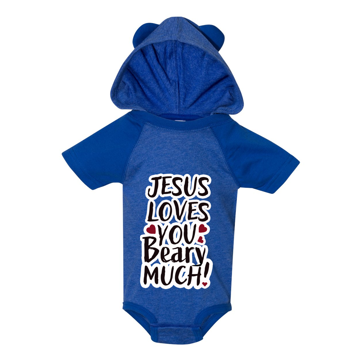 Jesus Loves  You Beary Much! Short Sleeve Raglan Bodysuit with Hood & Ears