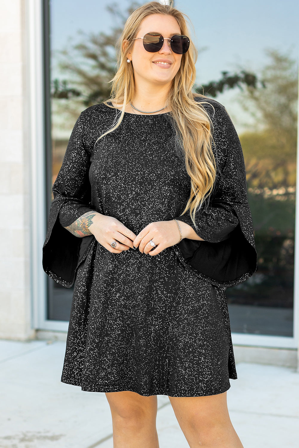 Black Plus Size Glitter Metallic Bell Sleeve Round Neck Mini Dress