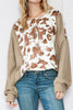 Apricot Animal Print Knitted Sleeve Patchwork Henley Top