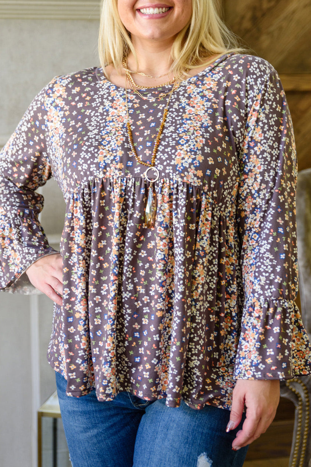 Purple Floral Print Round Neck Plus Size Tunic