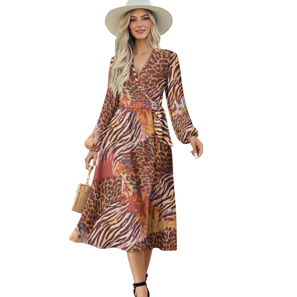 Leopard and Zebra Waist Long Sleeve Tie Dress