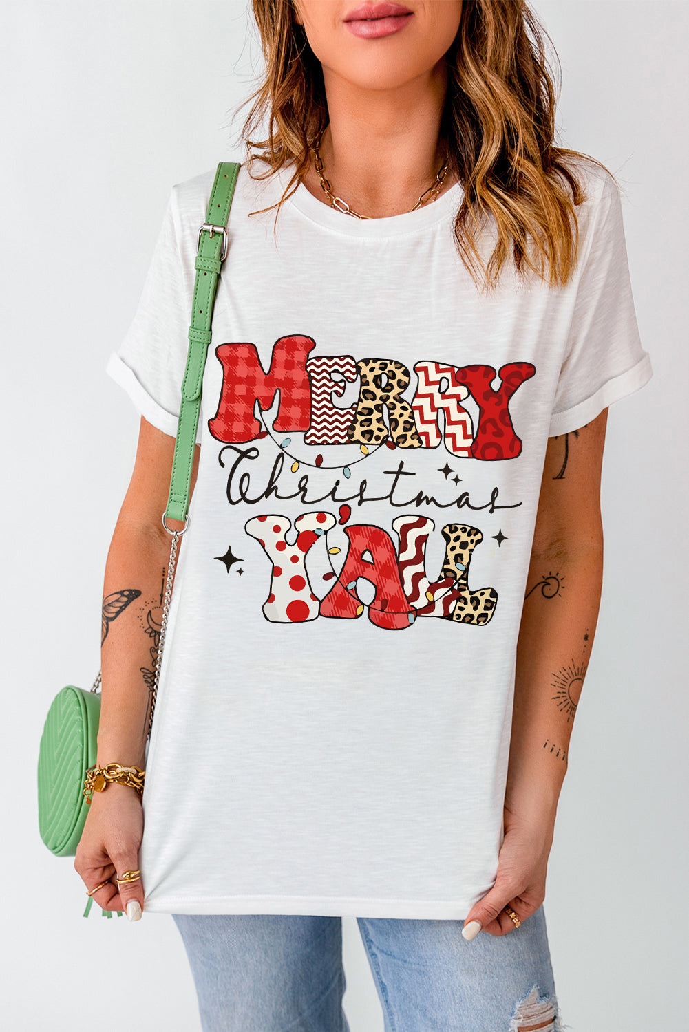 White MERRY Christmas Y All Graphic Crewneck T Shirt