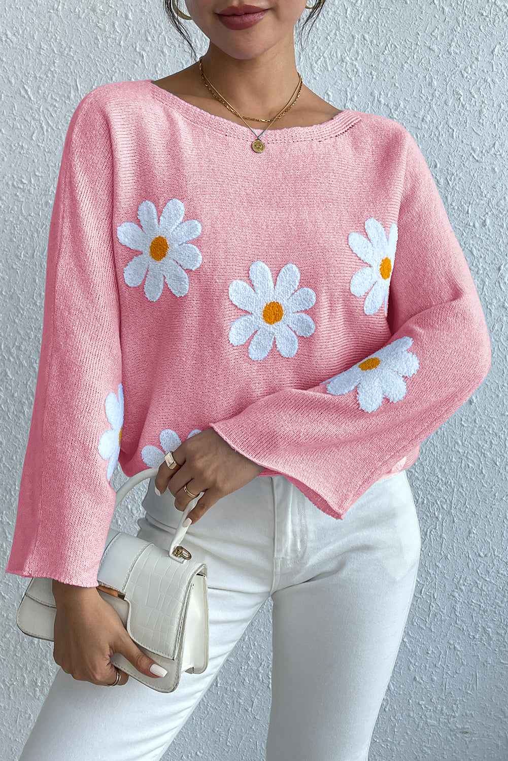 Pink Daisy Embroidered Loose Long Sleeve Knit Top