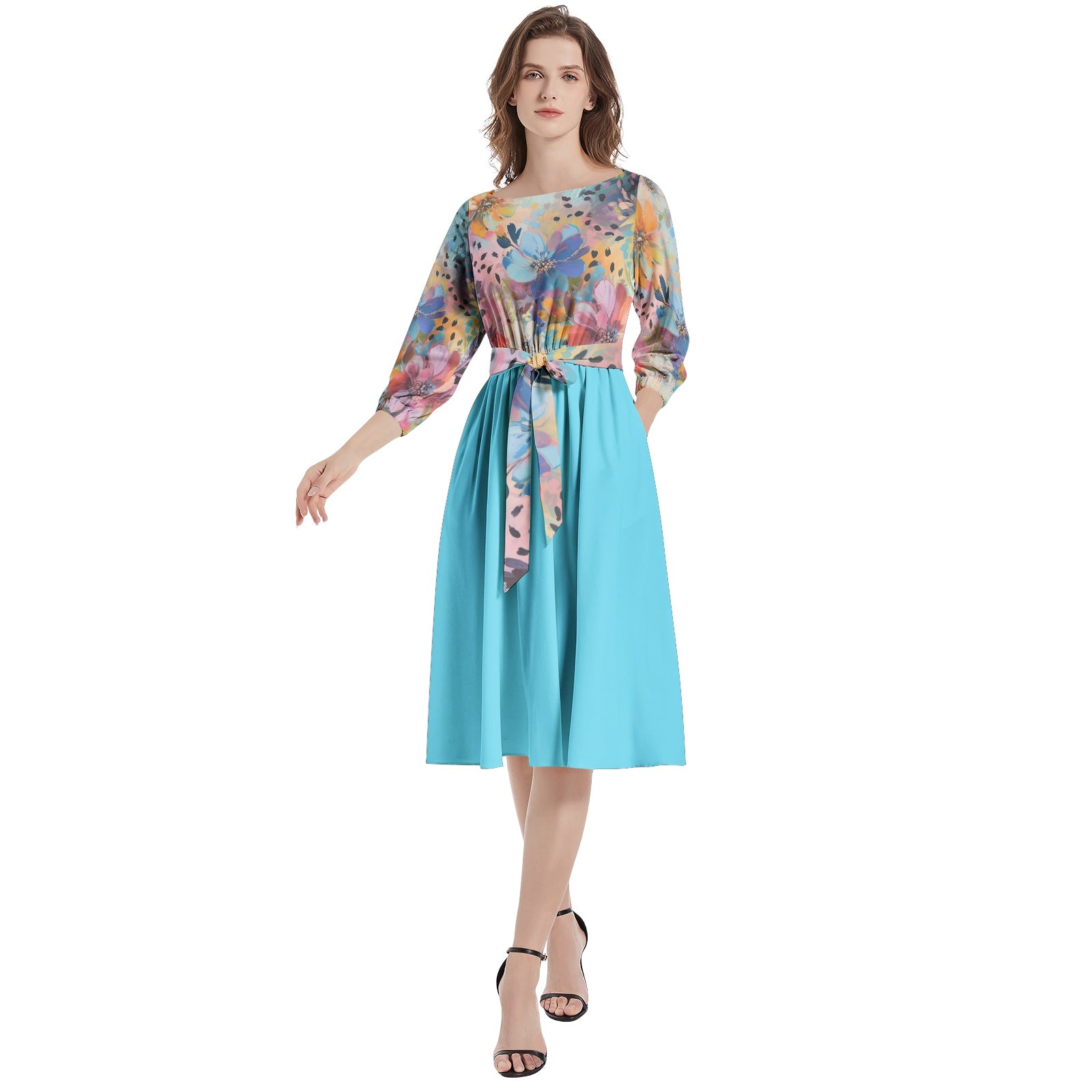 Colorful Floral Boat Neck Belted Flared Dress