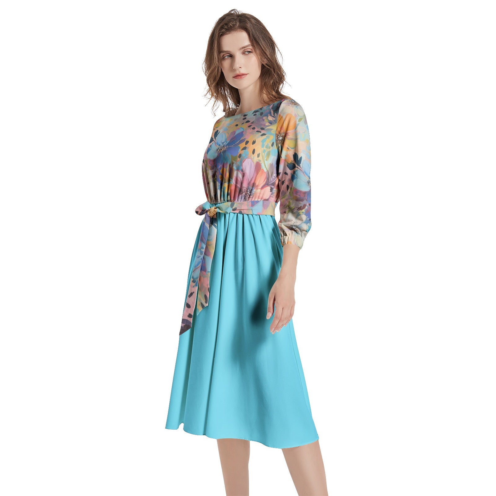 Colorful Floral Boat Neck Belted Flared Dress