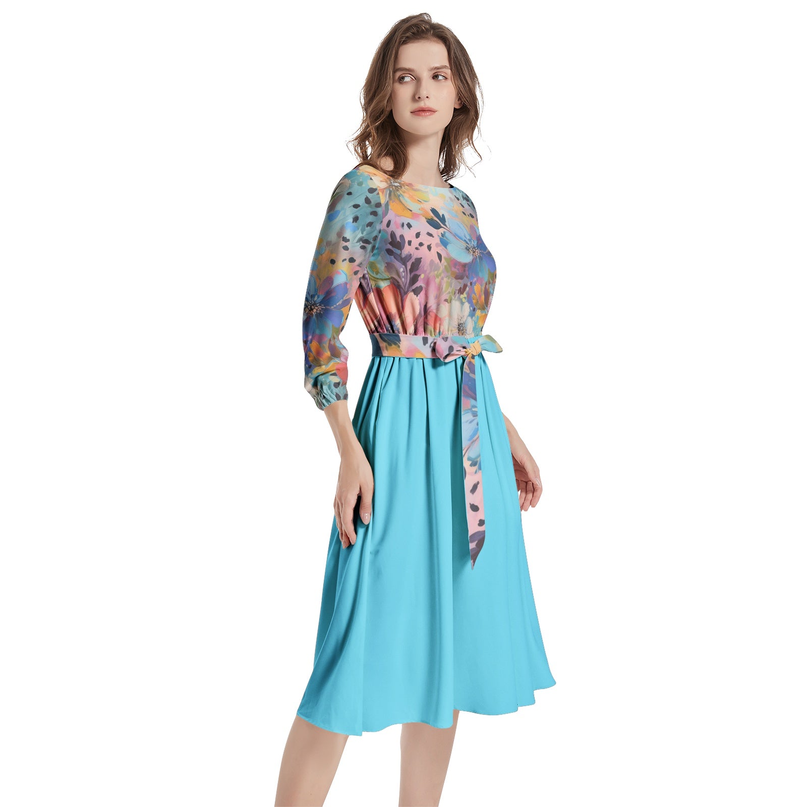 Colorful Floral Boat Neck Belted Flared Dress