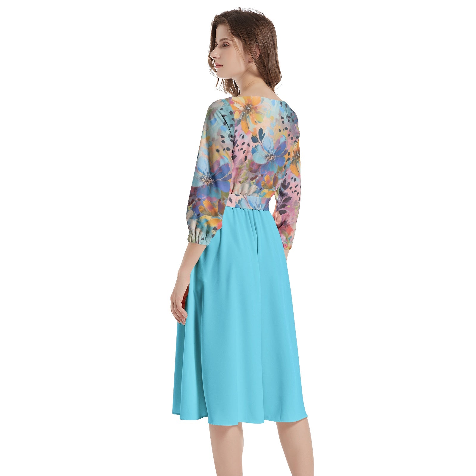 Colorful Floral Boat Neck Belted Flared Dress