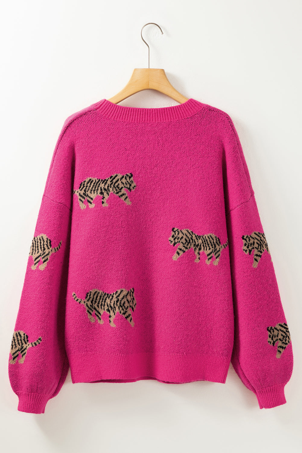 Rose Red Fierce Animal Pattern Casual Knitted Sweater