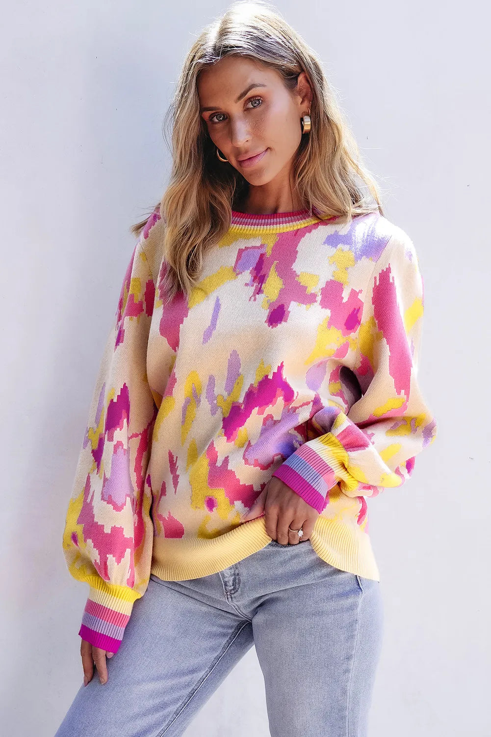 Contrast Round Neck Long Sleeve Sweater