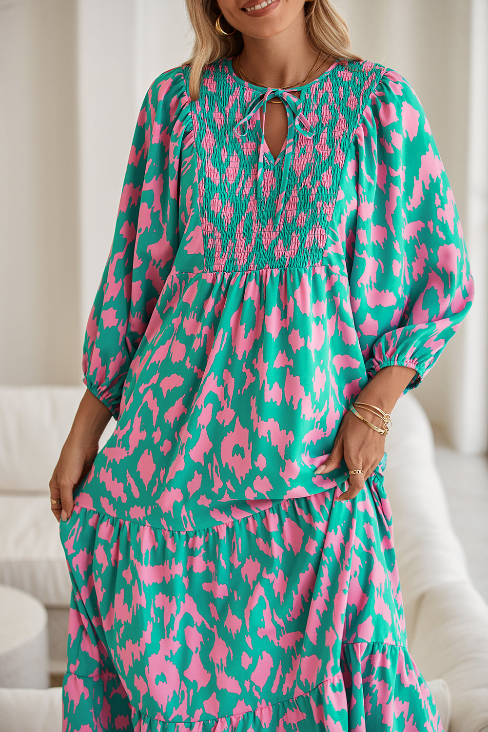 Sky Blue Abstract Print Puff Sleeve Smocked V Neck Maxi Dress