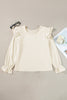 Beige Corduroy Round Neck Ruffled Flounce Sleeve Blouse