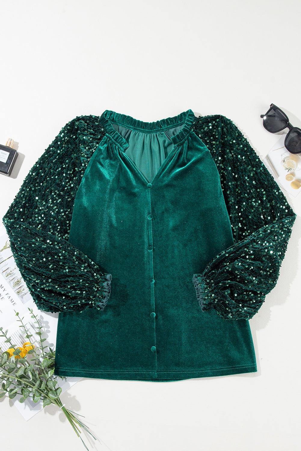 Evergreen Velvet Sequin Patchwork Sleeve Button Up Blouse