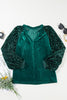 Evergreen Velvet Sequin Patchwork Sleeve Button Up Blouse