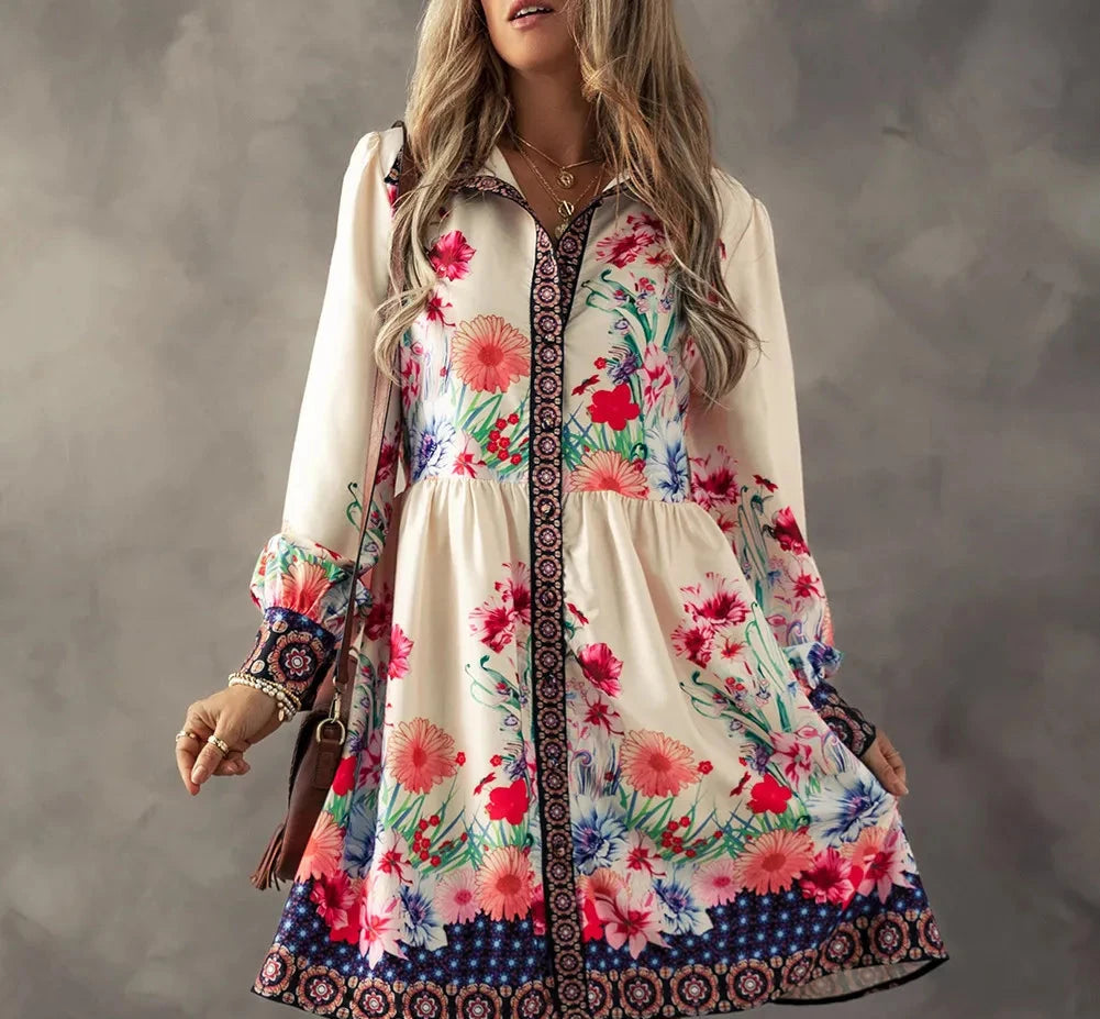 Flower Button Down Lantern Sleeve Tunic